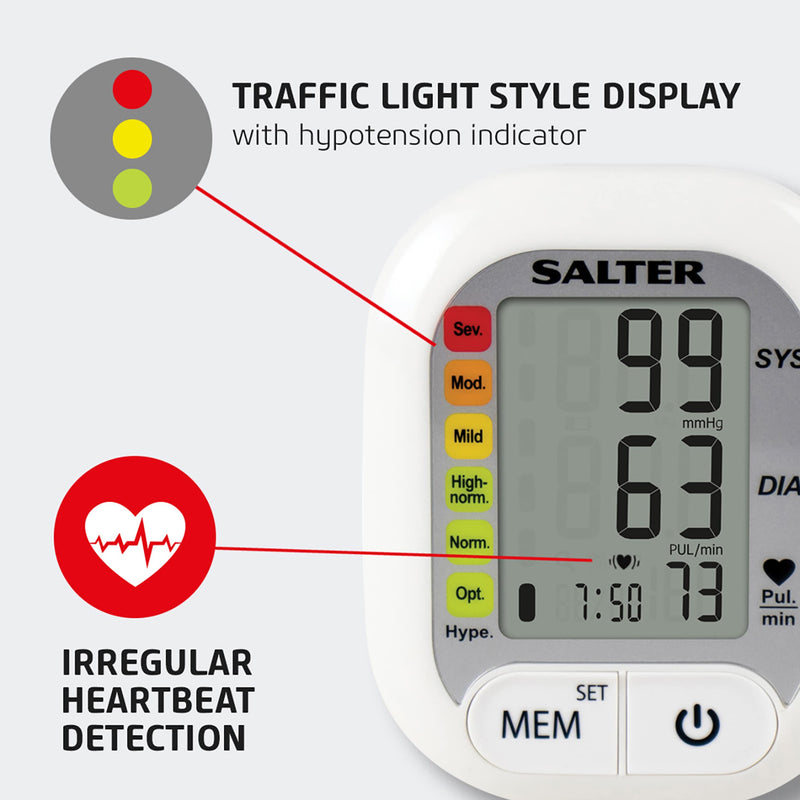 Salter BPW-9101-EU Electric Wrist Blood Pressure Monitor – Automatic Irregular Heart Rate Detector, Compact for Home Use and On the Go, Stores 60 Readings, Traffic Light Style Display, 13-21.5 cm Cuff - BeesActive Australia