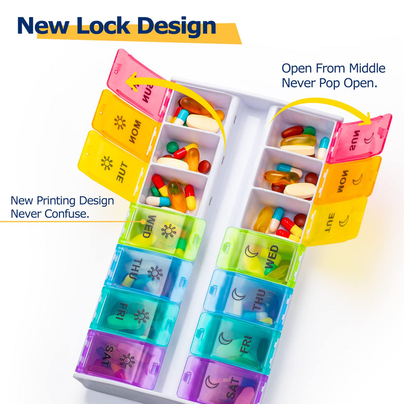 XL Large Pill Organizer 7 Day, Weekly Medicine Pill Box 2 Times a Day，Am Pm Pill Case Organizer 14 Compartments with Hinged Lids Design，Daily Vitamin Box Pill Dispenser for Fish Oil/Supplements Multicoloured - BeesActive Australia