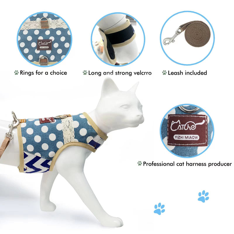 Yizhi Miaow Cat Harness and Leash for Walking Escape Proof, Adjustable Cat Vest Harness, Padded Stylish Cat Walking Jackets L 8-12LBS Polka dot blue - BeesActive Australia
