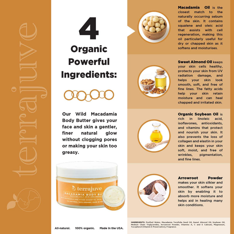 Organic Macadamia Body Butter Lotion by Terrajuve, Reduces Oily Skin and Redness, 100% Pure, All Natural, Made in USA - BeesActive Australia