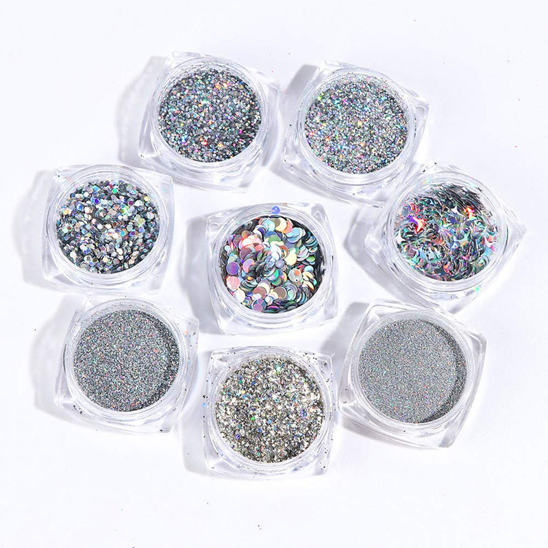 Luomi 8 Boxes Holographic Nail Art Sequins Glitter Kits, Nail Art Sequins Powder Metallic Shining Flakes Silver Nail Set for Nails Manicure Art Craft Decoration… - BeesActive Australia