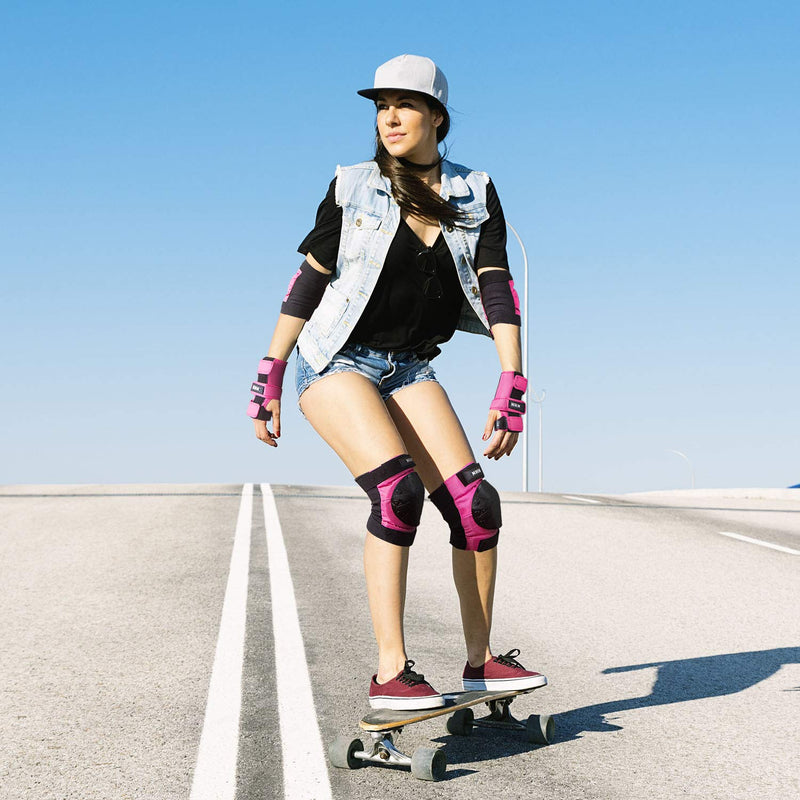 NHH Skateboard Knee Pads Set - 6 In 1 Protective Gear Set Knee Pads Elbow Pads and Wrist Guards for Kids Youth Adults Men and Women (Pink, Medium) Pink - BeesActive Australia