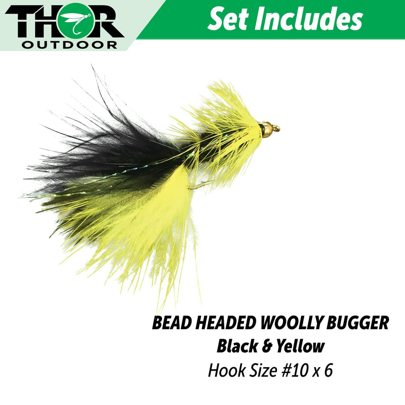 Thor Outdoor BH Woolly Bugger Streamer Fly - 6 Pc Fly Fishing Set – 1/2 Dozen Wet Flies for Trout, Panfish, and Bass Black & Yellow - Size #10 - BeesActive Australia
