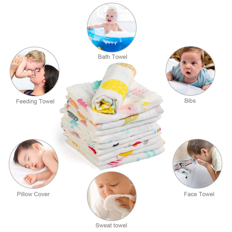 BelleStyle 10Pcs Muslin Washcloths Cotton Natural Baby Towels with Printed Design Soft Newborn Baby Towel for Sensitive Skin Baby - BeesActive Australia