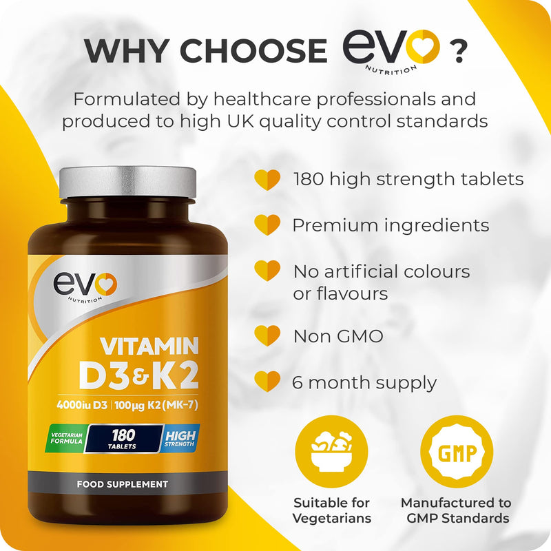 Vitamin D3 4000iu & Vitamin K2 100ug (MK7) |180 Vitamin D3 K2 Vegetarian Tablets | 1-A-Day | 6 Month Supply | High Strength D3 and K2 Vitamin | Vitamin D K2 Supplement | Made in The UK - BeesActive Australia