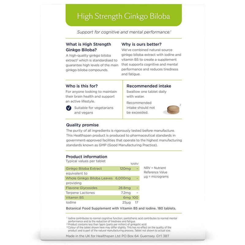 Healthspan Ginkgo Biloba 6,000mg | High Strength | 180 Tablets | Iodine | Vitamin B5 | Flavone Glycosides | Vegan - BeesActive Australia