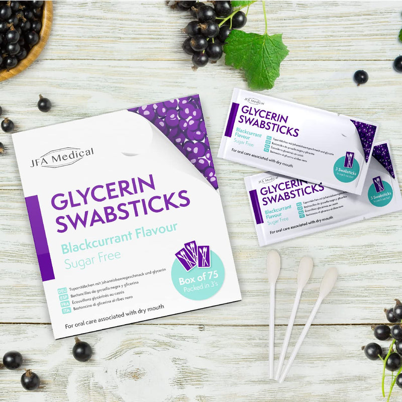 JFA Medical Glycerin Swabsticks Blackcurrant Flavour Sugar Free Swab Sticks for Dry Mouth - Box of 75 - BeesActive Australia