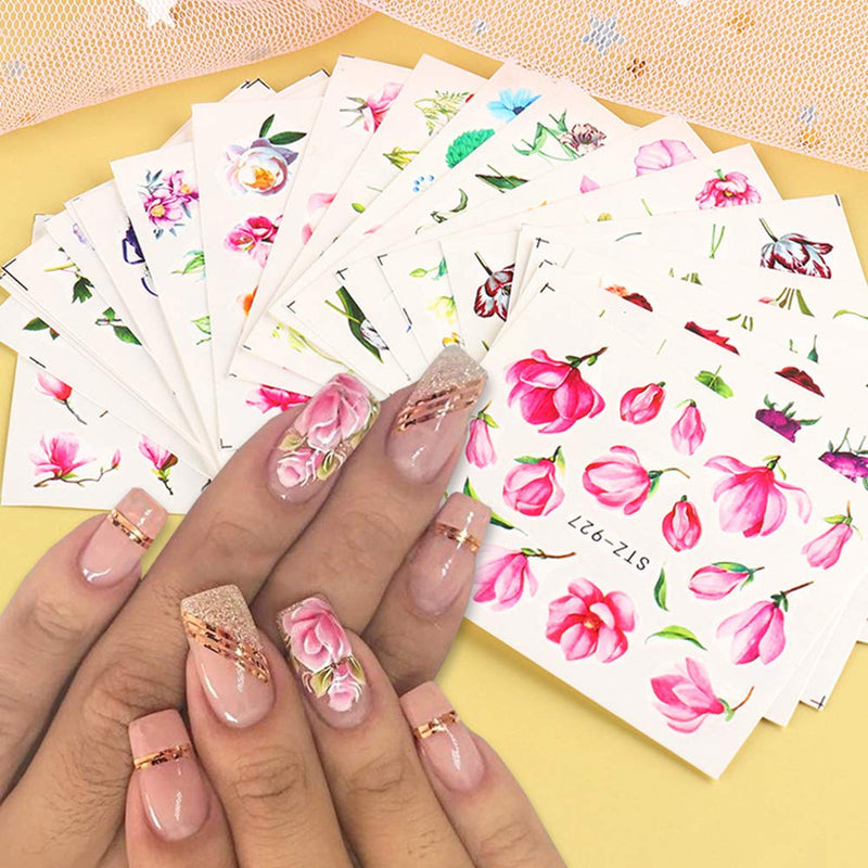 WOKOTO 54 Sheets Water Slide Nail Art Decals with 1Pc Tweezers Butterfly Flower Design Nail Water Transfer Stickers Manicure 3D Decoration KIT1 - BeesActive Australia