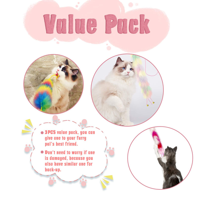 Lepawit 3 Pack Cat Wand Toy, Rainbow Cat Feather Toys with Bells, Cat Teaser Wand with Soft Furry Tail, Interactive Cat Toys for Indoor Cats & Kitten & Kitty B-Rainbow Cat Wandr Toys（3 pack） - BeesActive Australia