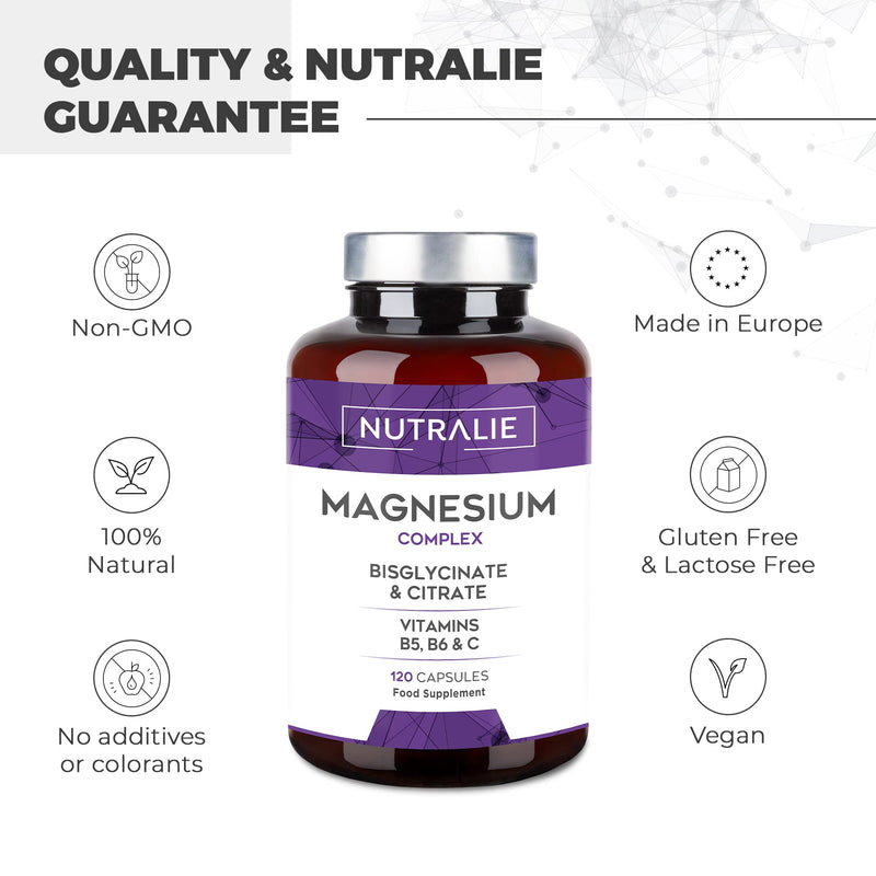 Magnesium Glycinate with Vitamin C, B5 and B6 | Magnesium Bisglycinate and Citrate 100% Bioavailable | 120 Capsules of 715mg | Nutralie - BeesActive Australia