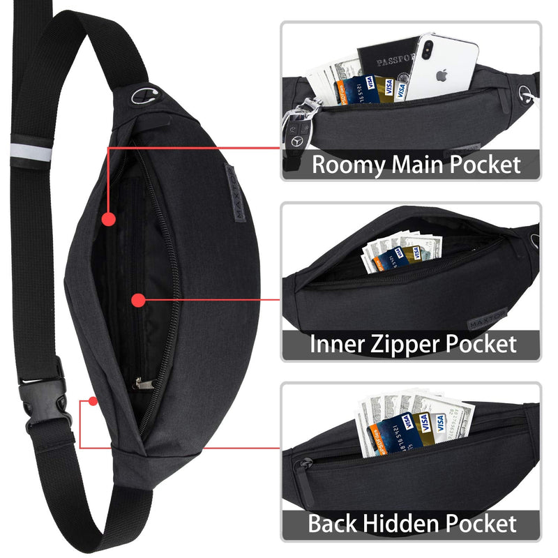 MAXTOP Fanny Pack for Men Women Waist Pack Bag with Headphone Jack and 3-Zipper Pockets Adjustable Straps Black Medium - BeesActive Australia