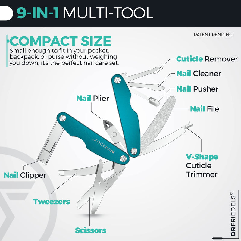 DRFRIEDELS Compact Manicure & Pedicure Set - 9-in-1 Foldable Nail Kit - Ideal for Travel, Hiking & EDC Multitool (Peacock Blue) Peacock Blue - BeesActive Australia