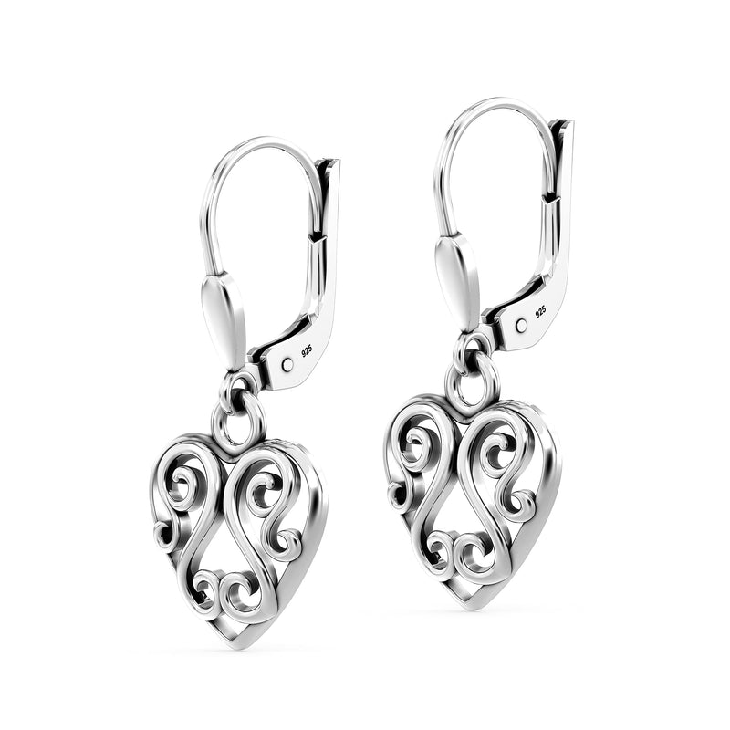 LeCalla 925 Sterling Silver Lever-Back Earring Lightweight Leverback Bohemia Teardrop Drop Dangle Earrings for Women Heart-Filigree AT - BeesActive Australia