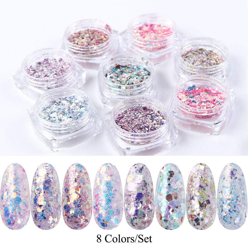 Holographic Nail Glitter Powder Nail Art Supplies Mermaid Glitter Flakes 3D Nail Art Pigment Shiny Hexagon Nail Sequins DIY Decorations Dust Glitters for Nails Acrylic Manicure Charms (8 Boxes) - BeesActive Australia