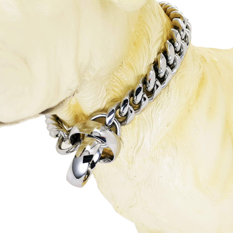 Tobetrendy Gold Chain Dog Collar Cuban Link Chain Stainless Steel Metal Links 14MM Heavy Duty Walking Chain Collar for Small Medium Large Dogs 16inches to 26inches 18" (Neck Fits 14"-16") Silver - BeesActive Australia