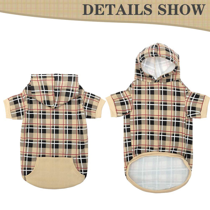 EXPAWLORER Plaid Dog Hoodie - British Style Soft and Warm Dog Sweater with Leash Hole, Hooded Cold Weather Clothes, Dog Sweatshirt, Outfits, Winter Coat for Small Medium Large Dogs Beige - BeesActive Australia