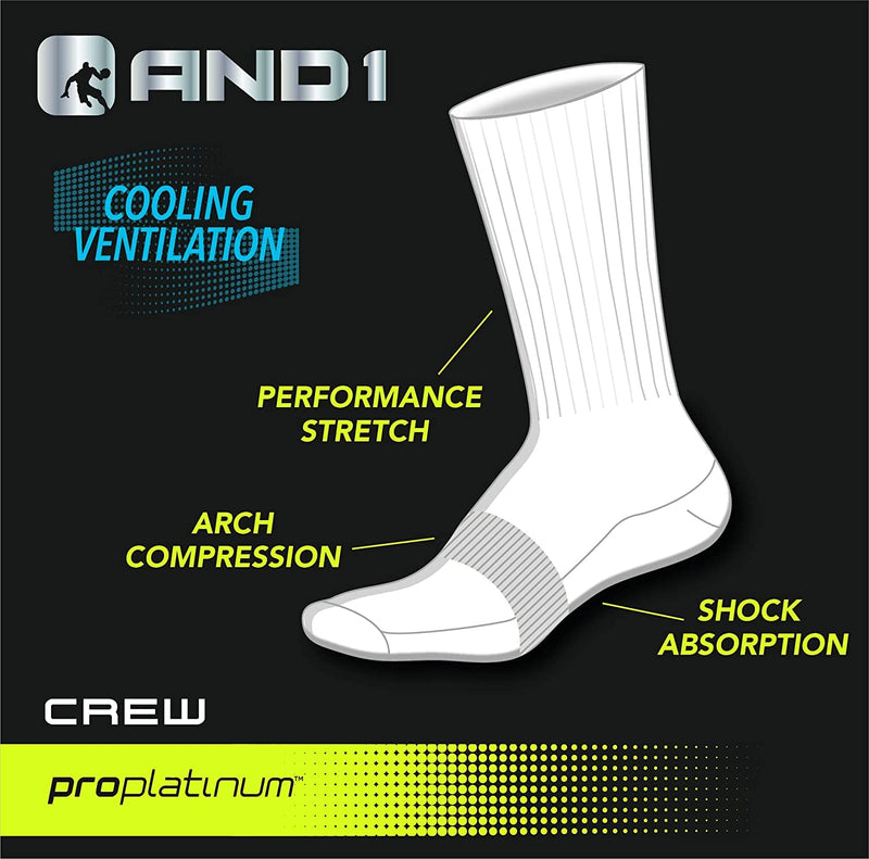 AND1 Men's Athletic Arch Compression Cushion Comfort Crew Socks (12 Pack) Black/Gray 6-12.5 - BeesActive Australia