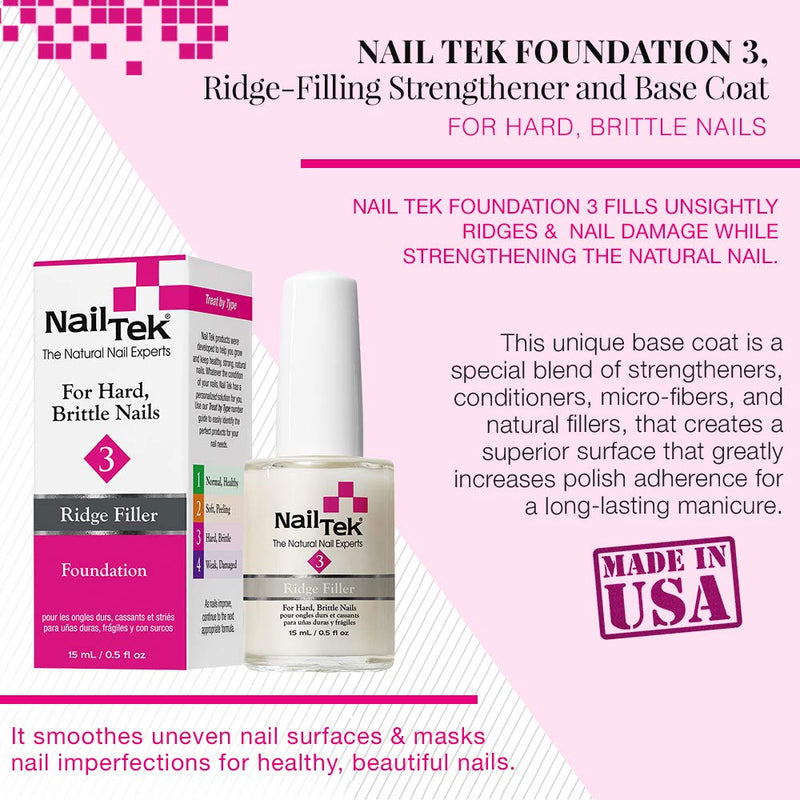 Nail Tek Foundation 3, Ridge Filling Strengthening Base Coat for Hard and Brittle Nails, 0.5 oz, 1-Pack - BeesActive Australia