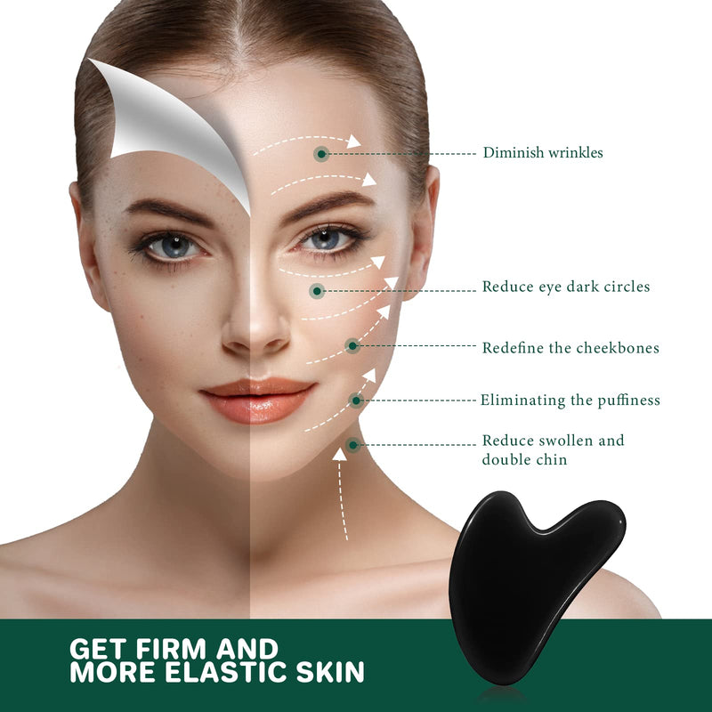 Gua Sha Tool Guasha Massage Tool 100% Natural Jade Stone for Face Care, Relieve Wrinkle Eye Puffiness Treatment, Back Spa (Black) Black - BeesActive Australia