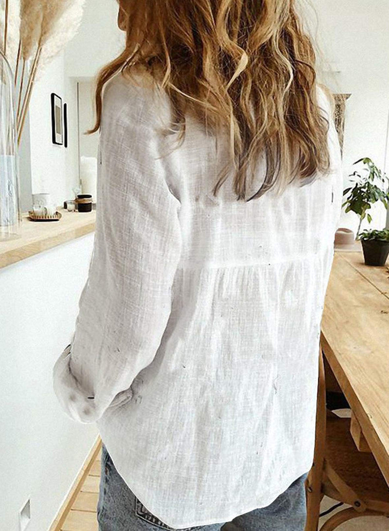 Astylish Womens V Neck Roll up Sleeve Button Down Blouses Tops Medium White - BeesActive Australia