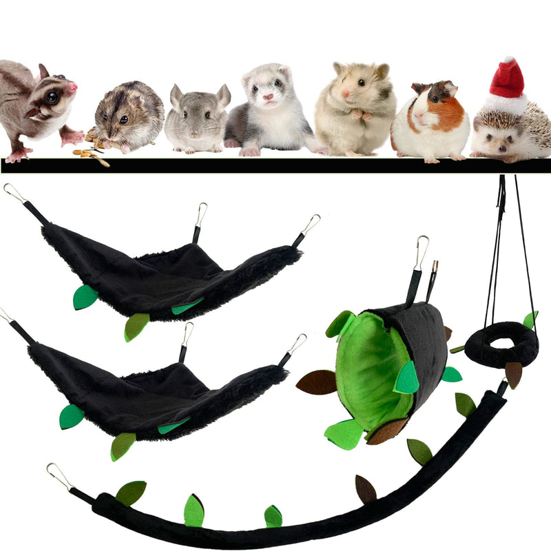 MUYG Hamster Hammock,Small Animal Hanging Hideout Tunnel Sleeping Set Plush Swing Warm Bed House Cage Nest Accessories for Sugar Glider,Squirrel,Black(5 Pcs) - BeesActive Australia