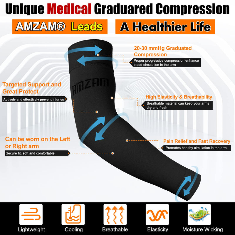 AMZAM® Medical Compression Arm Sleeve for Women & Men, 15-20 mmHg Graduated Compression Brace with Silicone Band for Pain Relief, Lymphedema, Edema, Swelling, Arthritis, Black 3XL 3X-Large (Single) Black (15-20 Mmhg) - BeesActive Australia