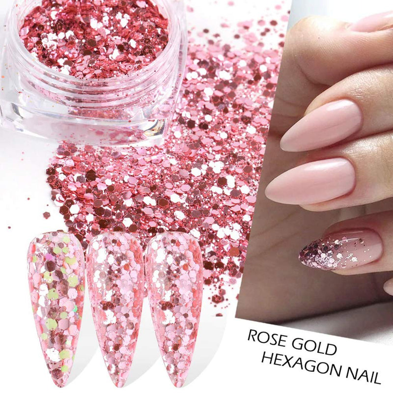 6 Boxes Nail Glitter Sequins Mixed Rose Gold Hexagon Glitter Set Holographic Nail Art DIY Sparkly Nail Acrylic Nails Tools Tips Charms Decoration designs Fashion women Manicure accessories - BeesActive Australia