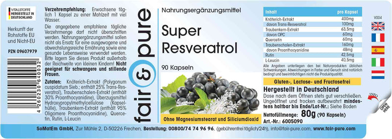 Super Resveratrol, Natural Trans-resveratrol from Knotweed and bioflavonoids (quercetin, Rutin, OPC), Vegan, 90 resveratrol Capsules - BeesActive Australia