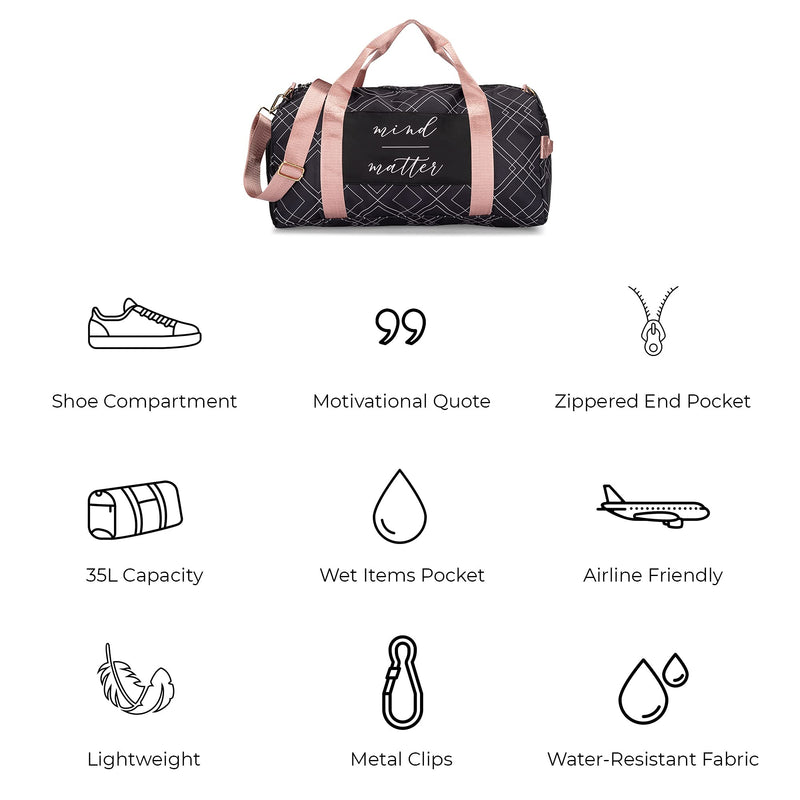 Gym Bag for Women with Shoe Compartment and Wet Pocket | Durable Lightweight Gym Duffle with Motivational Quote and Graphic Designs | Great for Working Out, Travel, and Overnights | Black/Rose - Diamond - BeesActive Australia