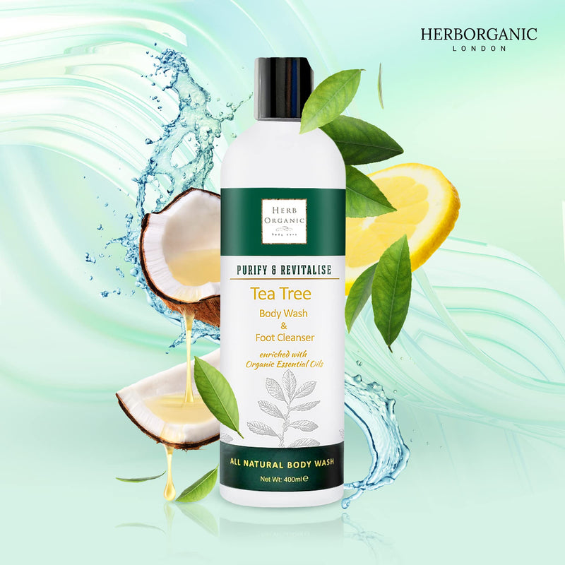 HerbOrganic Tea Tree Body Wash - 400ml - Anti-Bacterial and Anti-Fungal Body Wash - Vegan, Odor and Foot Cleansing Shower Gel - BeesActive Australia