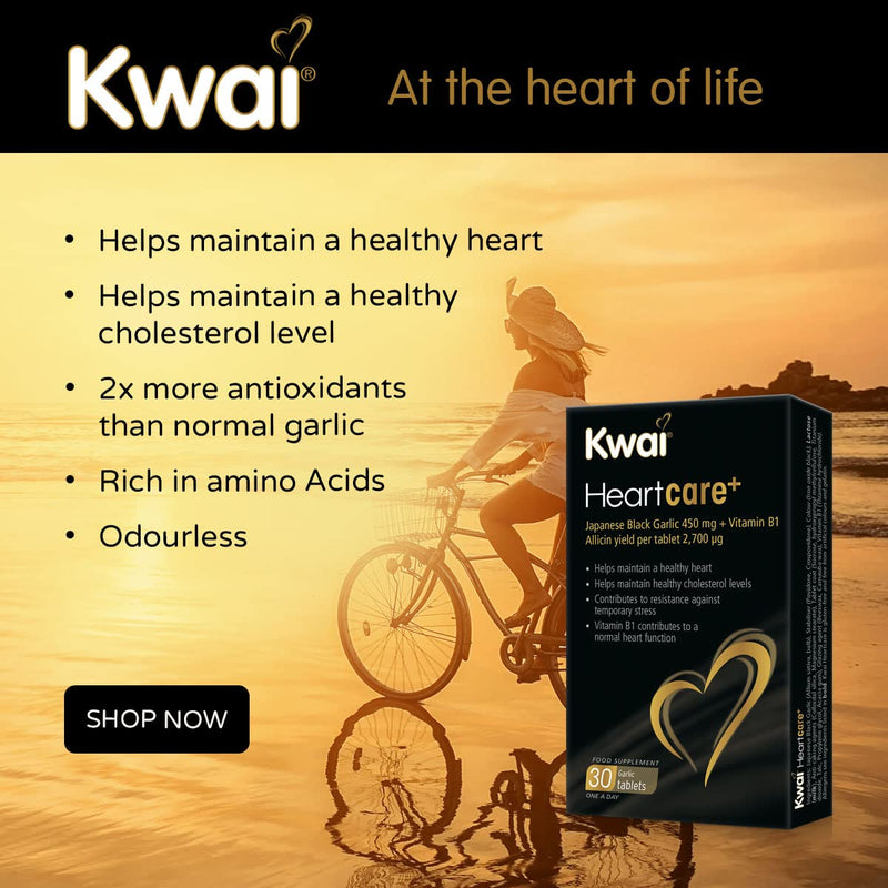 Kwai Heartcare+ fermented Japanese Black Garlic | garlic capsules odourless & Vitamin B1 I healthy cholesterol levels and a healthy heart, rich in antioxidants | 450mg garlic per tablet | 30 tablets - BeesActive Australia