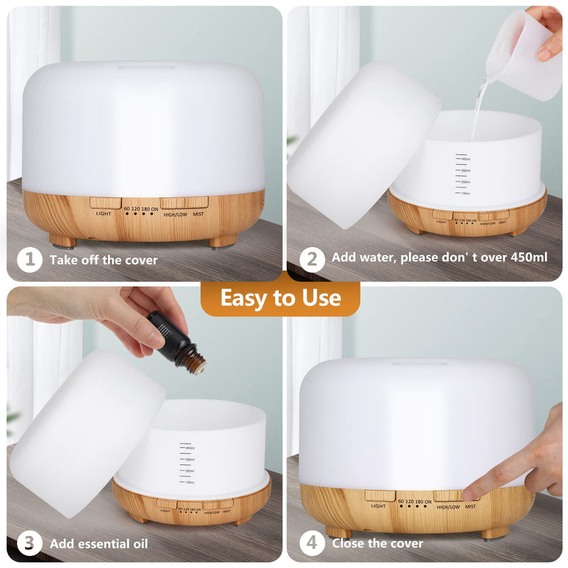 Hianjoo Essential Oil Diffuser 450ml, Electric Aroma Ultrasonic Aromatherapy Fragrant Oil Vaporizer Humidifier, Purifies The Air, Timer and Auto-Off Safety Switch, 7 LED Light Colors (Light Brown) Light Brown - BeesActive Australia