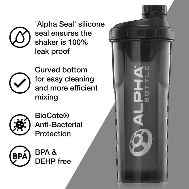 Alpha Designs - Alpha Bottle V2 Protein Shaker - Gym Shaker Bottle 1000ml, Anti-Bacterial BPA & DEHP Free 1L Protein Shaker with BioCote Technology - Smoke - BeesActive Australia