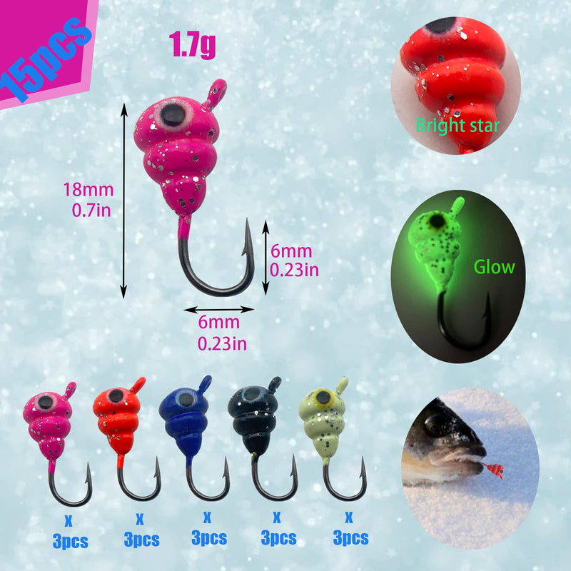 15 Pcs Ice Fishing Jigs for Panfish Walleye Sunfish Winter Ice Jigging Tackle Accessories Box Colorful Lead Jig Heads Glow Jigs for Ice Fishing C:15PCS Ice Fishing Jigs - BeesActive Australia