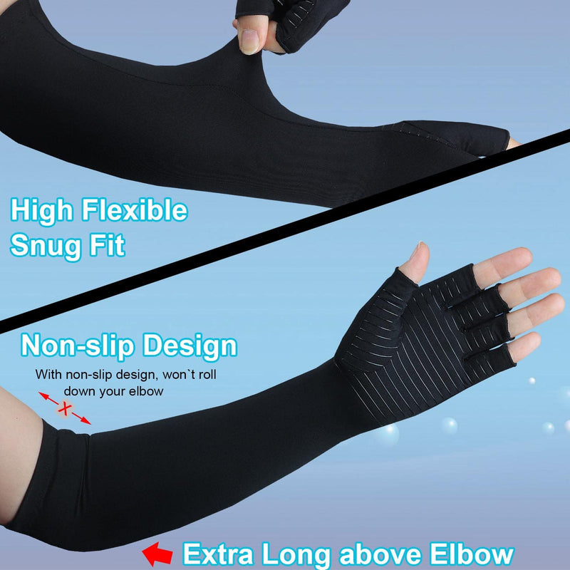 Copper Long Arthritis Gloves,Long Wrist Compression Arm Sleeve Carpal Tunnel Gloves, Fingerless Hand Compression Gloves for Men Women Computer Typing, RSI, Support Hands Wrist &Arms - 1 PAIR (Medium) Medium Black - BeesActive Australia