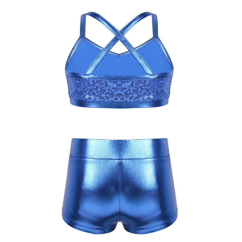 YOOJIA 2PCS Kids Girls Athletic Dance Outfits Shiny Sequins Ballet Dancewear Cami Training Bra Top with Gymnastic Shorts Light_blue 10-12 - BeesActive Australia