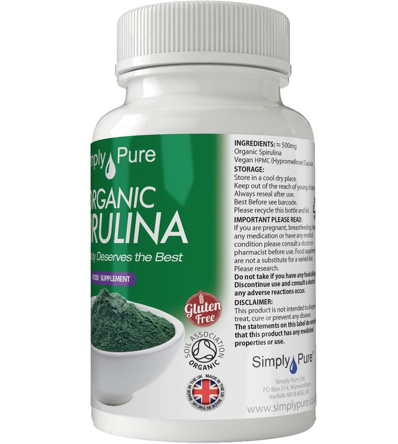 Simply Pure Organic Spirulina Capsules x 90, 100% Natural Soil Association Certified, 500mg, Gluten Free, GM Free and Vegan. - BeesActive Australia