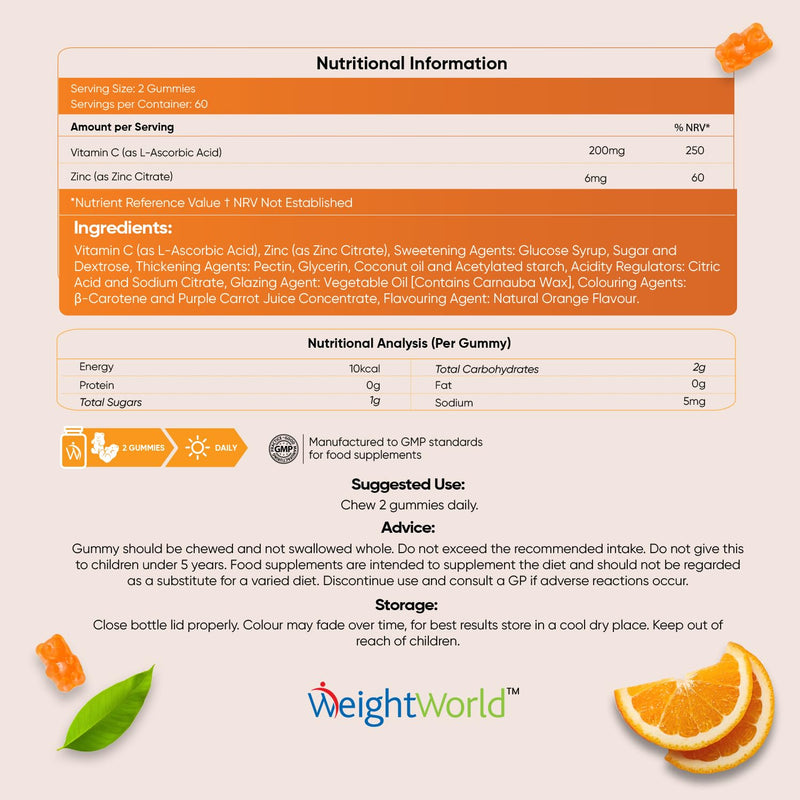 Vitamin C and Zinc Gummies for Adults & Kids - 200mg VIT C as L-Ascorbic Acid - 120 Chewable Vitamin C Gummies - Low Sugar, Natural Orange Flavour, Immunity Vitamins - Hair, Skin & Nail Vitamins - BeesActive Australia