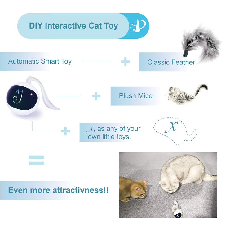 Migipaws Cat Toys, Automatic Moving Ball Bundle Classic Mice + Feather Kitten Toys in Pack. DIY N in 1 Pets Smart Electric Teaser, USB Rechargeable (White) white - BeesActive Australia
