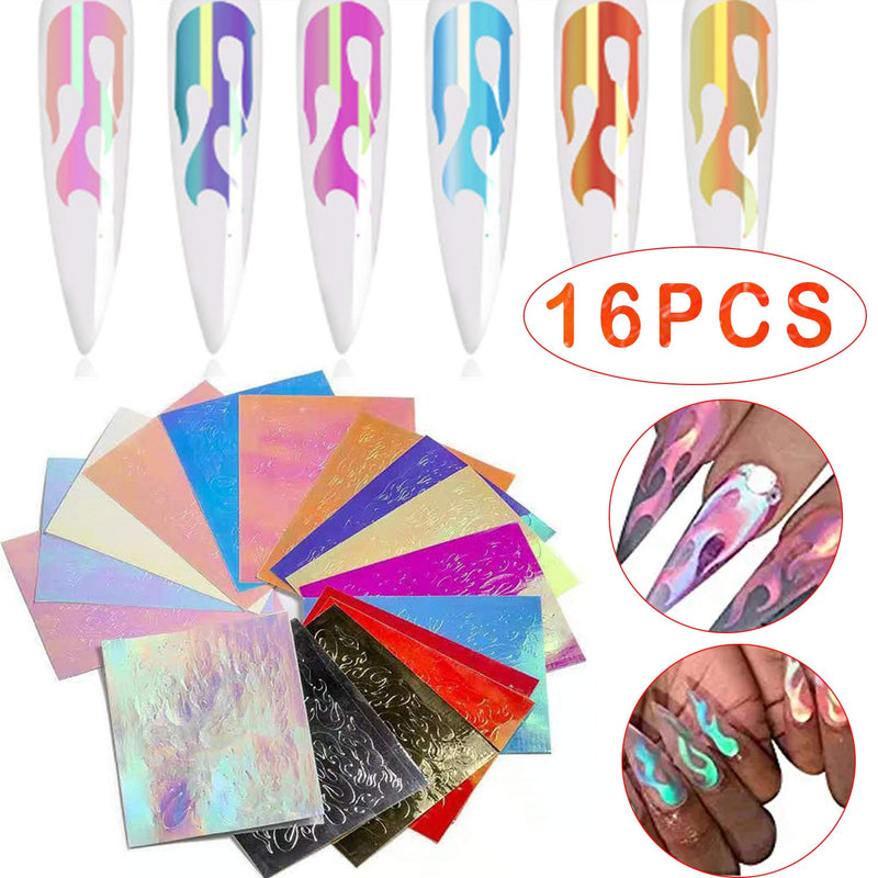 New Trend Halloween Holographic Fire Flame Nail Art Decals,Flame Reflections Nail Stickers - DIY Nail Foils Tape Adhesive Decoration 16PCS - BeesActive Australia