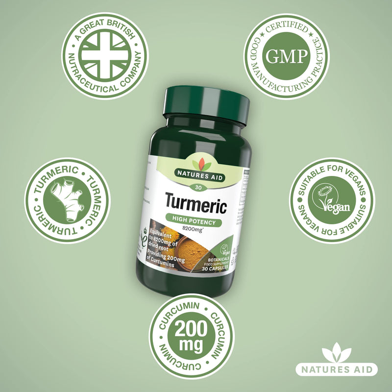 Natures Aid Turmeric 8200 mg, High Potency Extract plus Whole Herb, 200 mg Curcumins, Vegan, 30 Capsules 30 Count (Pack of 1) - BeesActive Australia