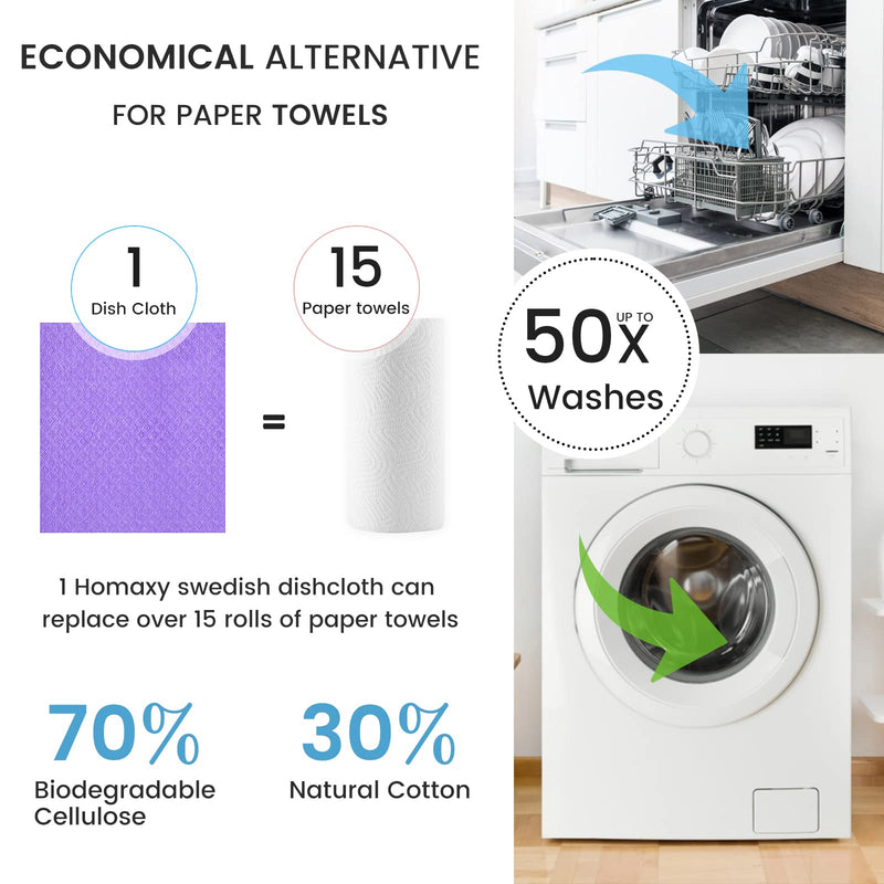 Homaxy Swedish Dishcloths for Kitchen, 10 Pack Reusable and Eco-Friendly Cellulose Sponge Cloths Dish Towels, Absorbent and No Odor Paper Towels for Dishes ＆ Counters, Purple Pack of 10 - BeesActive Australia