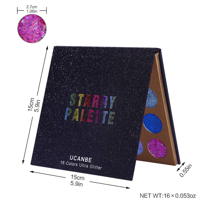 UCANBE Pro Glitter Eyeshadow Palette - Professional 16 Colors - Chunky & Fine Pressed Glitter Eye Shadow Powder Makeup Pallet Highly Pigmented Ultra Shimmer for Face Body - BeesActive Australia