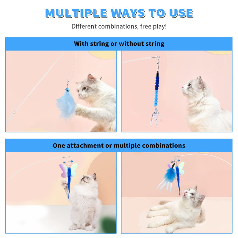 Cat Wand Toy for Indoor Cats 6PCS Fairy Feather Cat Toys with Retractable Fishing Pole Replaceable Feather Attachments Dragonfly Tassel Worm with Bells Cat String Kitten Toy Gift BLUE - BeesActive Australia