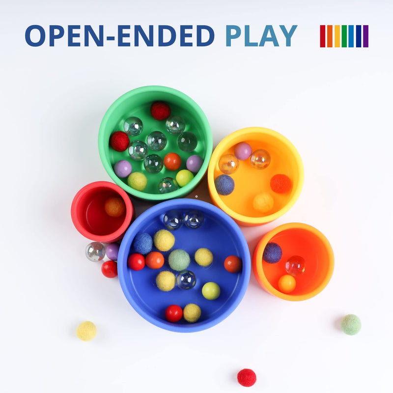 BLUE GINKGO Silicone Stacking Cups - Nesting Cups and Silicone Stacking Toy - Open Ended Montessori Toddler and Baby Stacking Cups - Neutral Baby Toys (5 Cups - Vibrant) - BeesActive Australia