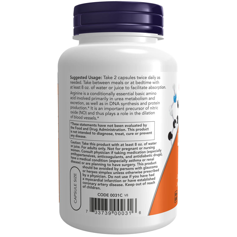 NOW Supplements, L-Arginine 500 mg, Nitric Oxide Precursor*, Amino Acid, 250 Veg Capsules 250 Count (Pack of 1) - BeesActive Australia