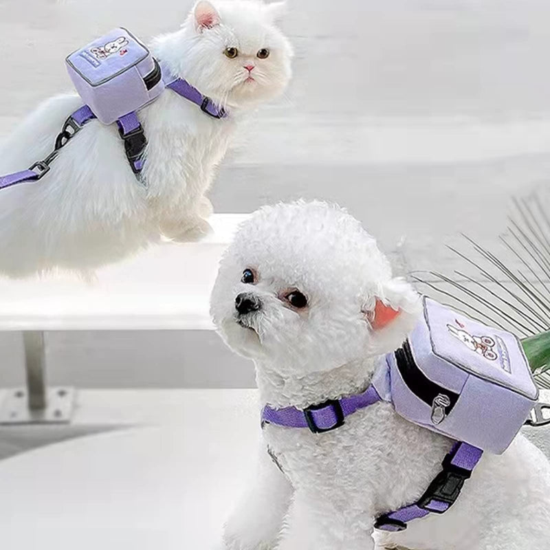 CheeseandU 1PC Pet Dog Cartoon Backpack Harness with Leash, Puppy Dog Cute Bear Rabbit Animal Back Pack Adjustable Saddle Bags with Lead Leash for Dog Outdoor Training Walking S Purple - BeesActive Australia