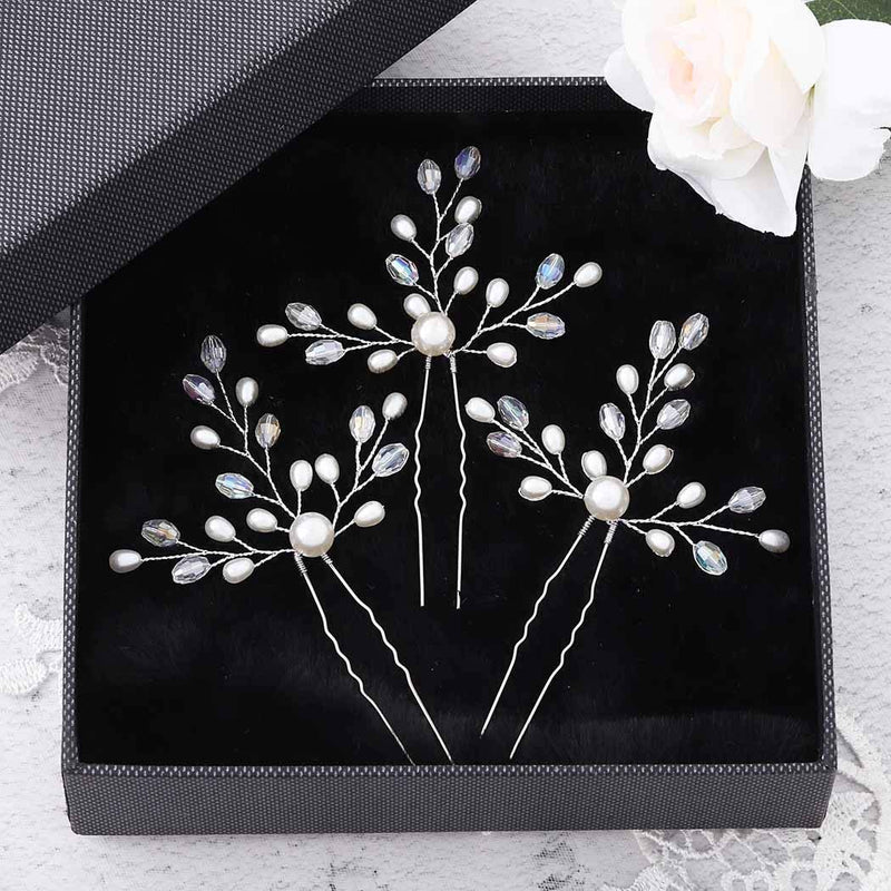 Barode Pearl Wedding Hair Pins Rhinestone Silver Bridal Headpieces Crystal Bride Hair Accessories Jewelry for Women and Girls Pack of 3 (Silver) - BeesActive Australia