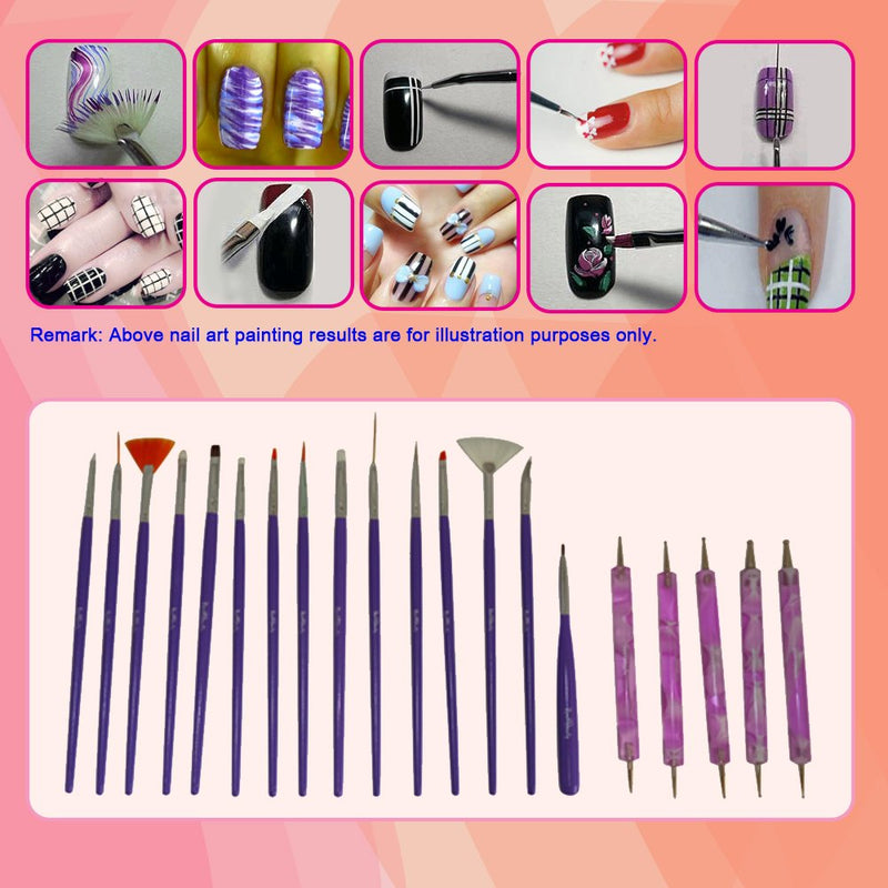 Nail Art Brushes, Dotting Pens Marbling Detailing Painting Striping Tools 20pc Kit Set with Roll-Up Pouch - Best for nail art and facial detailed painting - FREE eBook with Design Idea Purple - BeesActive Australia