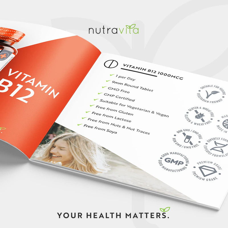 Vitamin B12 1000mcg - 365 High Strength Vegan Tablets (1 Year Supply) - Max Strength B12 Supplement - Contributes to The Reduction of Tiredness and Fatigue - Made in The UK by Nutravita 365 Count (Pack of 1) - BeesActive Australia